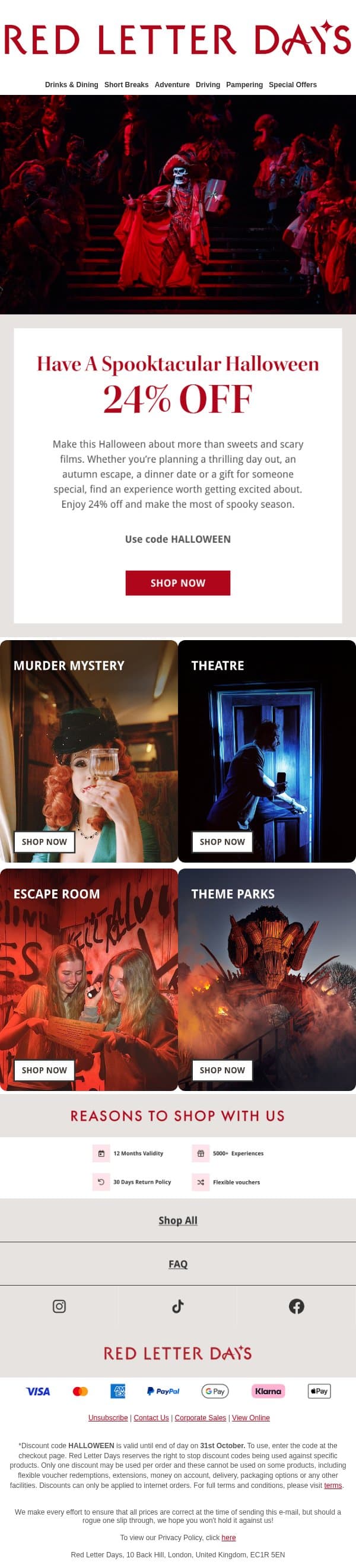 Halloween treats: 24% off experiences email from Red Letter Days screenshot