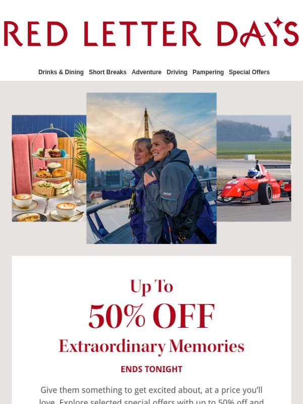Up to 50% off - one day only email from Red Letter Days