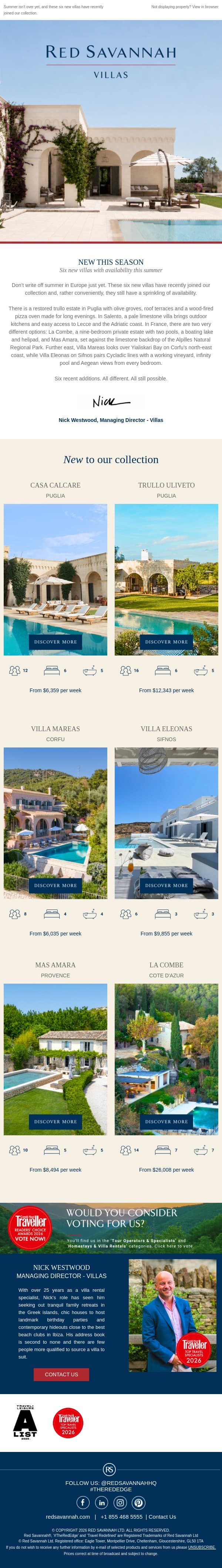 Six new villas with availability this summer email from Red Savannah screenshot