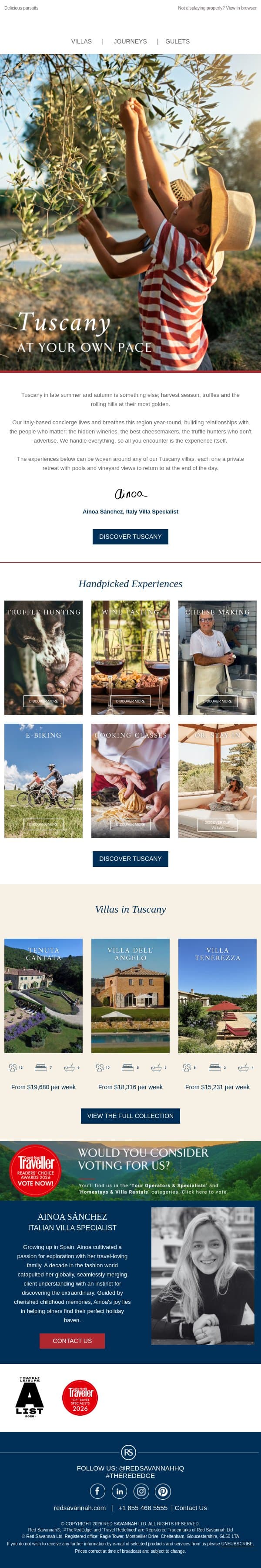 Tuscany at your own pace email from Red Savannah screenshot