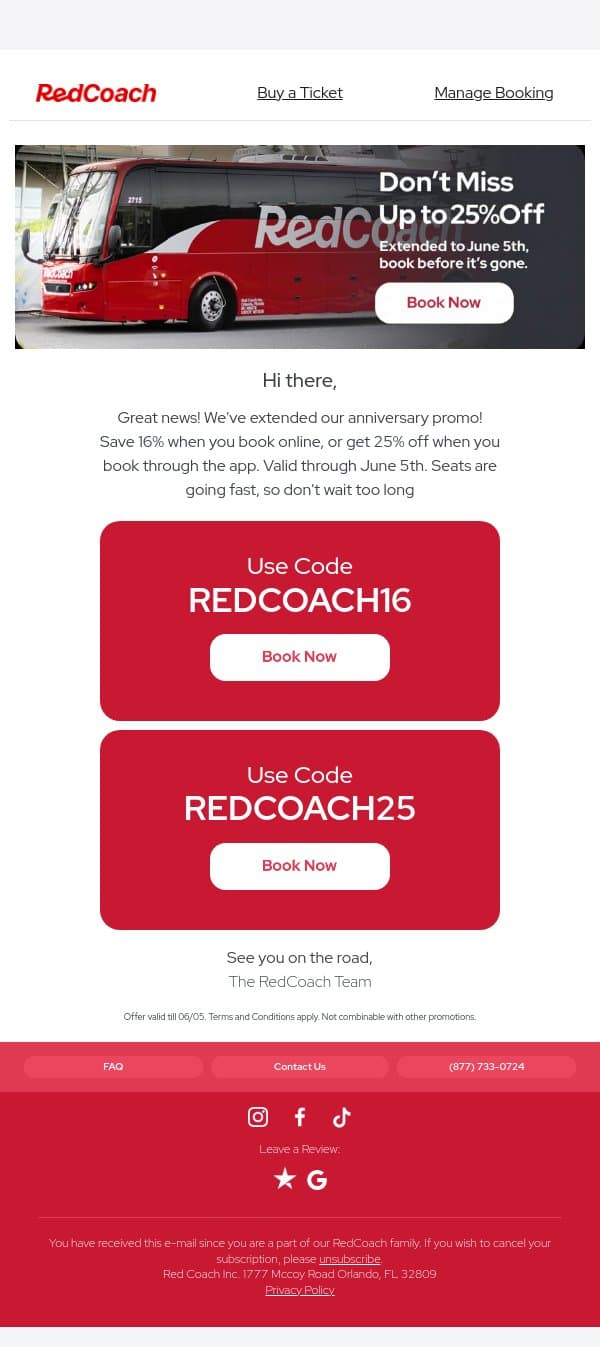 We extended it! Save up to 25% off! π email from RedCoach screenshot