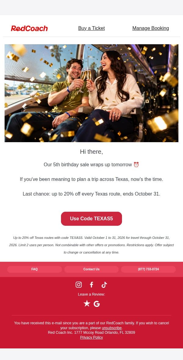 Last call: anniversary savings end tomorrow email from RedCoach screenshot