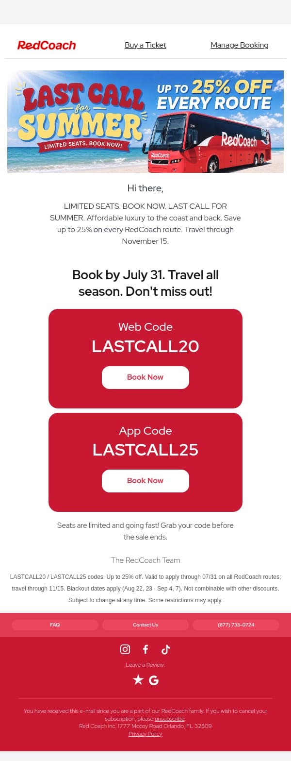 Last call!!! 25% Summer sale ends tonight! email from RedCoach screenshot