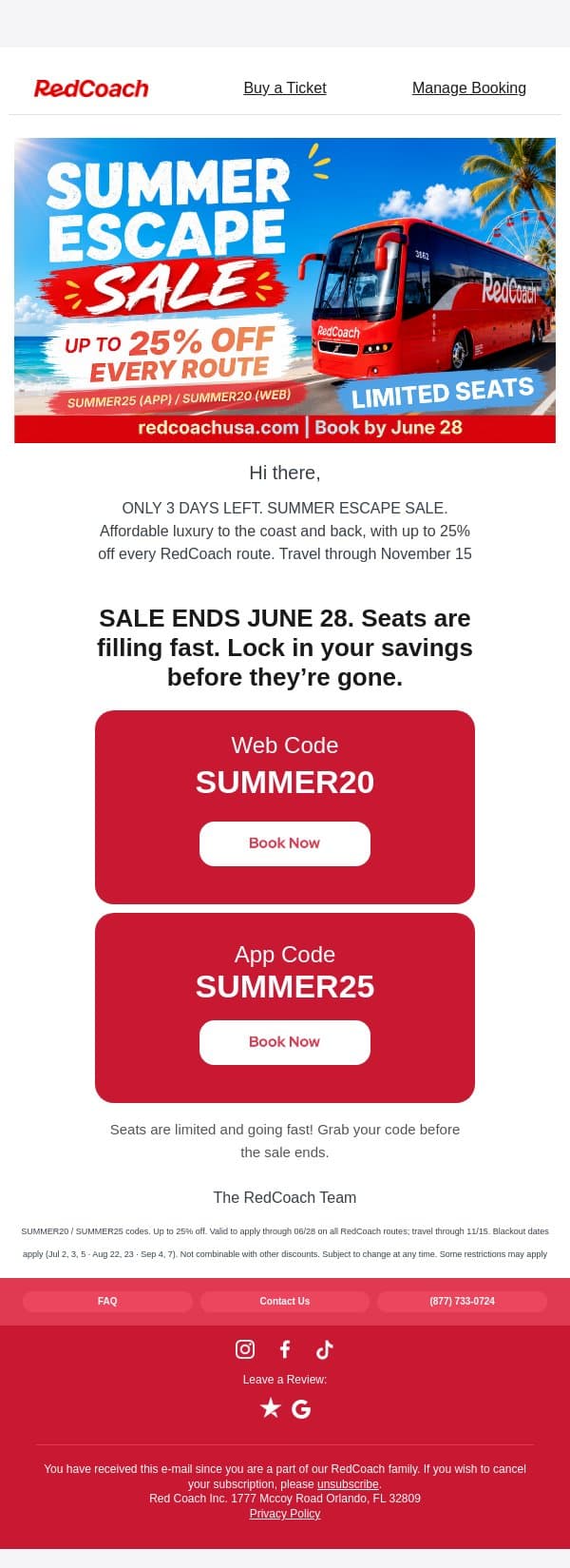 3 days left: save up to 25% on your summer escape email from RedCoach screenshot