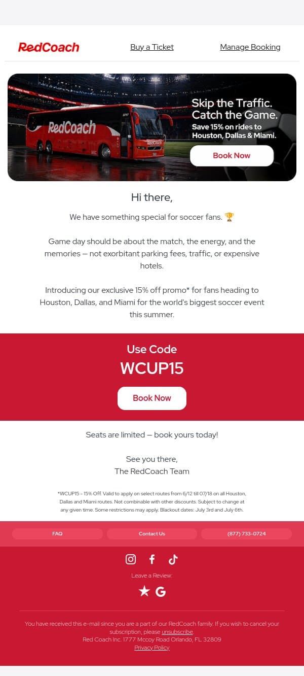 Score 15% off rides to the World Cup ⚽ email from RedCoach screenshot