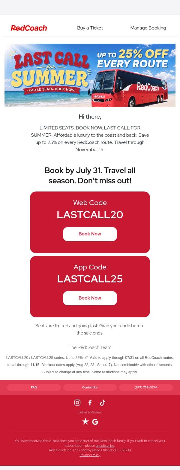 Summer is slipping away, save up to 25% email from RedCoach screenshot