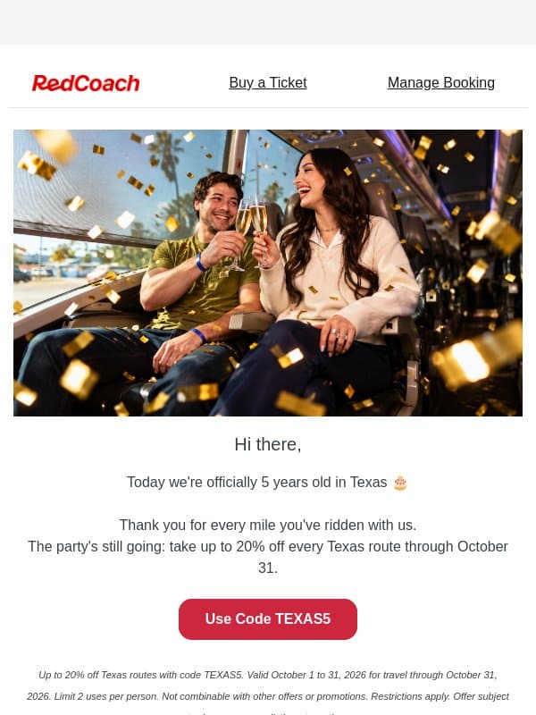 Happy 5th birthday, Texas! Your code is still live email from RedCoach