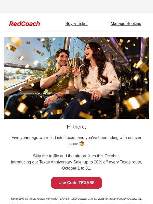 Texas, we're turning 5! Up to 20% off email from RedCoach