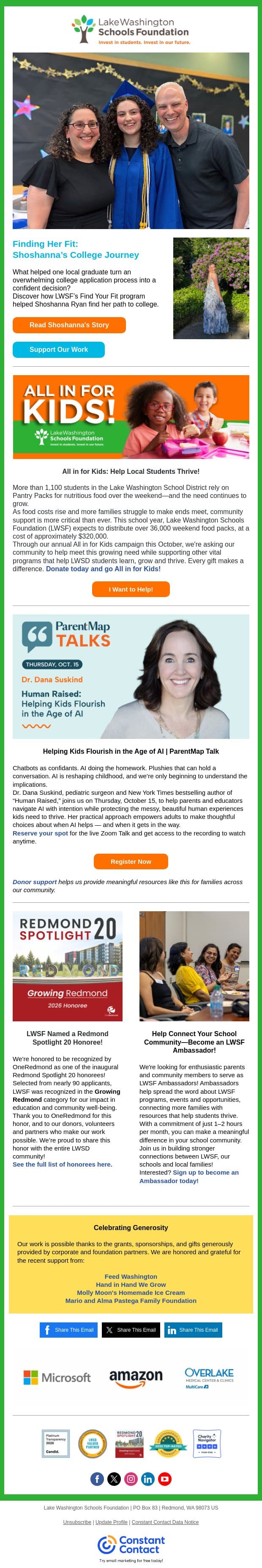 How College Advice Helped Shoshanna Find Her Path email from Redmond Elementary PTSA Council screenshot