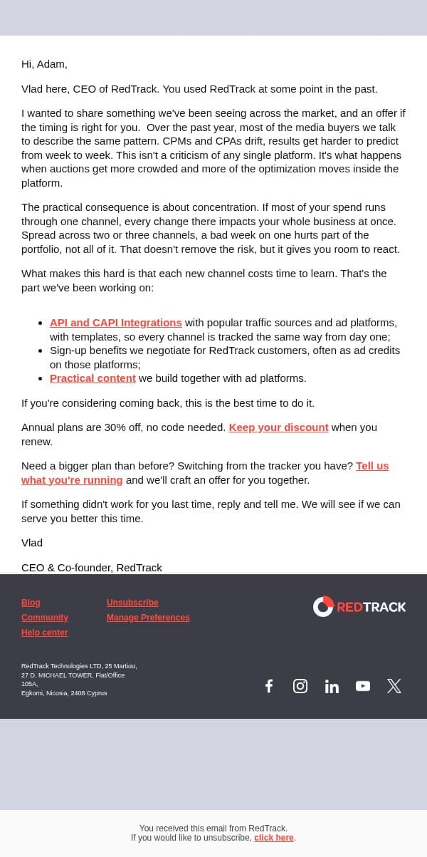 Has your channel mix changed this year? email from RedTrack screenshot