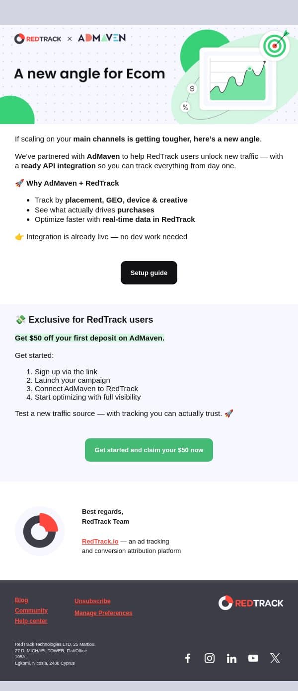 Scale with AdMaven + RedTrack email from RedTrack screenshot
