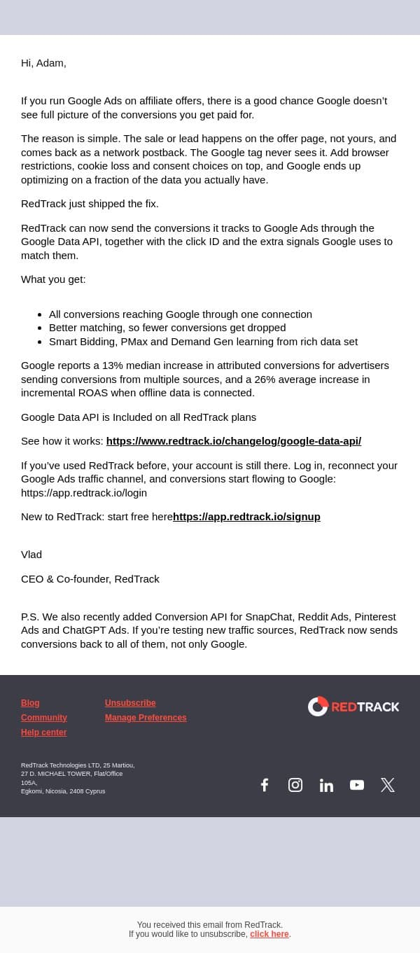 Get better results in Google Ads with RedTrack email from RedTrack screenshot