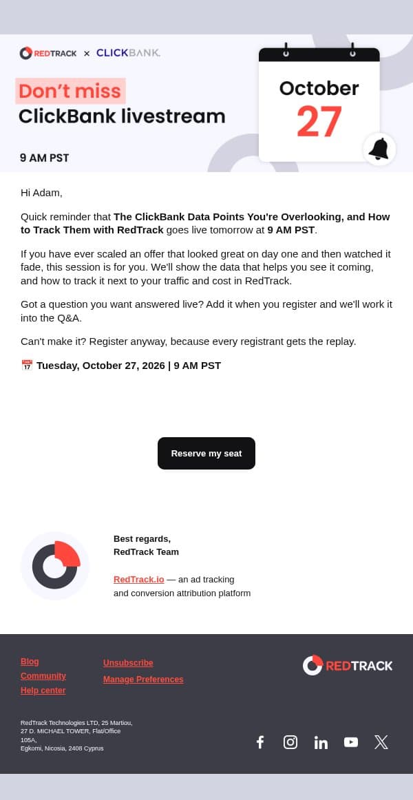 Tomorrow: the ClickBank data you might be missing email from RedTrack screenshot
