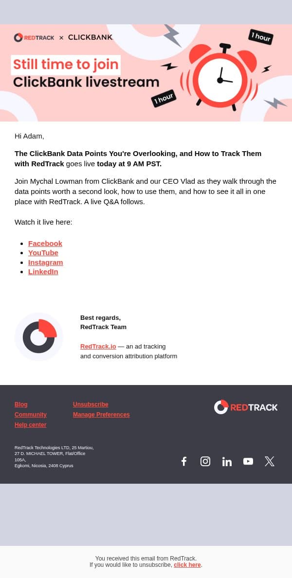 Live today: the data behind your ClickBank sales email from RedTrack screenshot