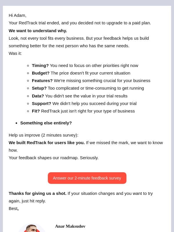Your trial ended - can you tell us why? email from RedTrack