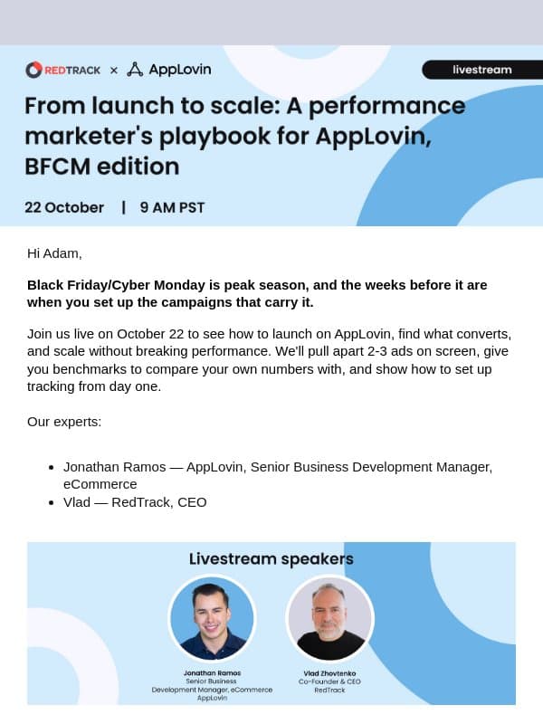 Black Friday on AppLovin: the playbook, live email from RedTrack