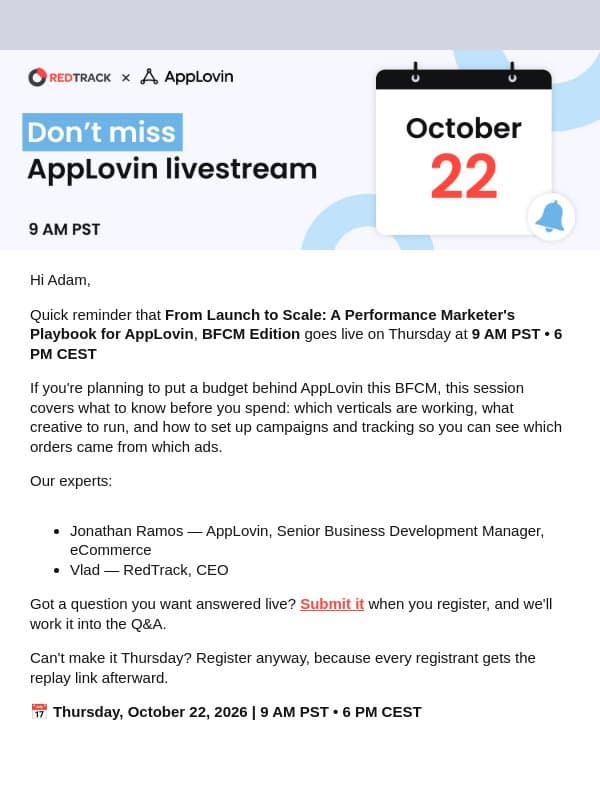 What to run on AppLovin this Black Friday/Cyber Monday email from RedTrack