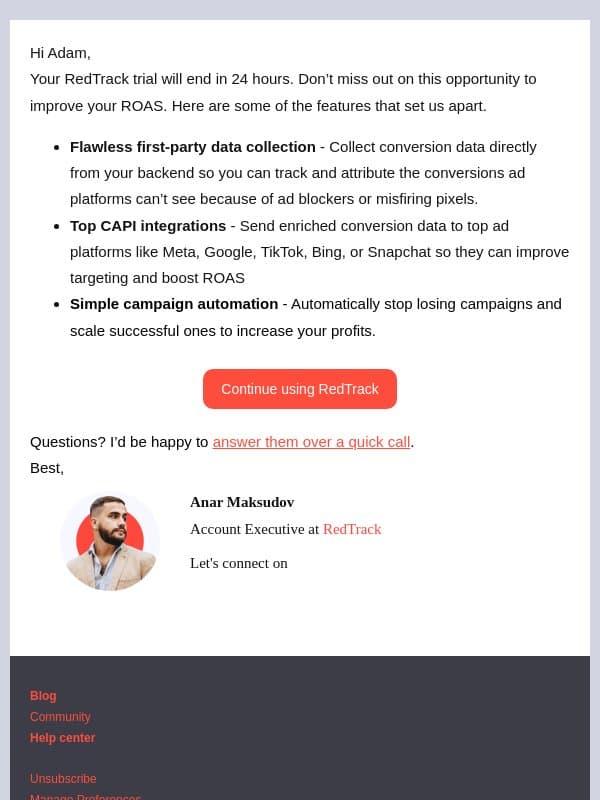 Adam, your trial expires tomorrow email from RedTrack