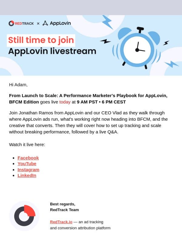 Join our livestream: AppLovin playbook for BFCM email from RedTrack