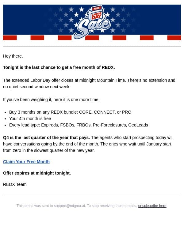 Last call: your free month ends tonight email from RedX