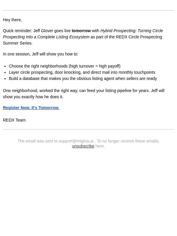 Reminder: Tomorrow - Jeff Glover's complete listing system email from RedX
