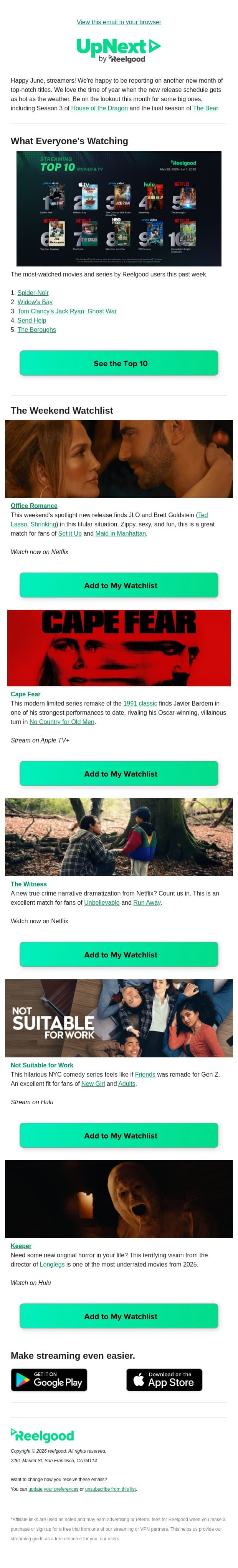 The Weekend Watchlist is here ✅ email from Reelgood screenshot