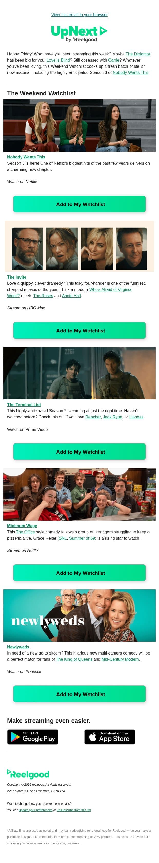 The Weekend Watchlist is here 🍿 email from Reelgood screenshot