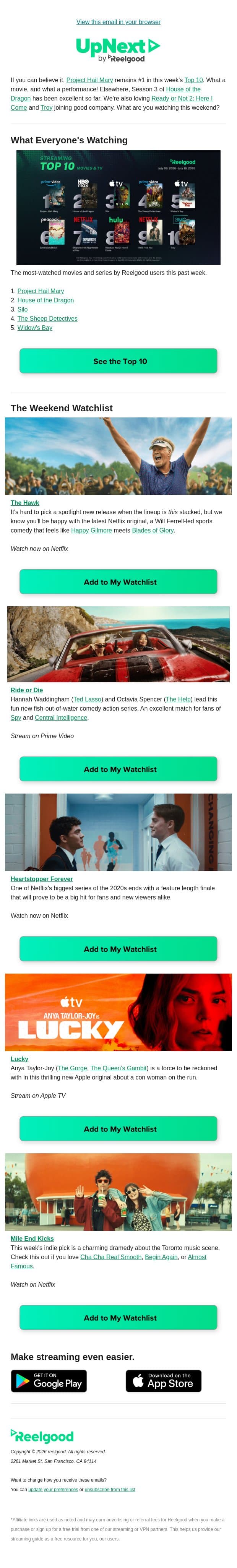 It's Weekend Watchlist time ✅ email from Reelgood screenshot