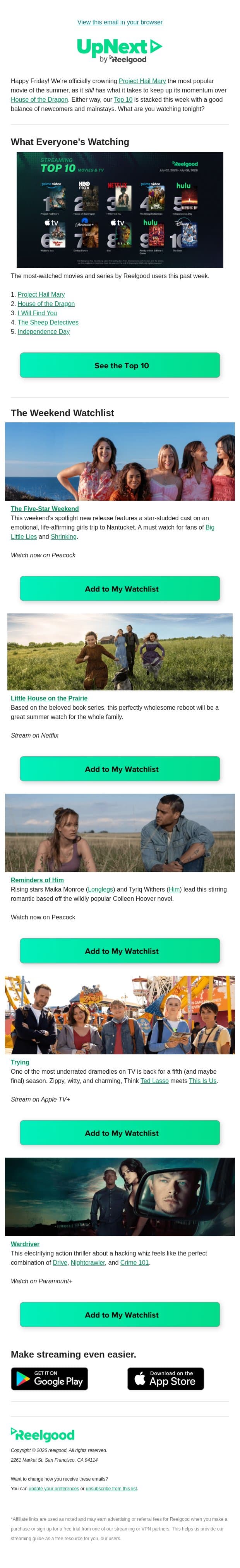 It's Weekend Watchlist Time 🍿 email from Reelgood screenshot