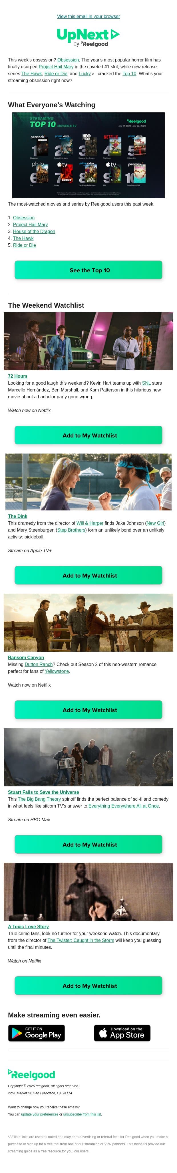 What are you watching this weekend? 🍿 email from Reelgood screenshot