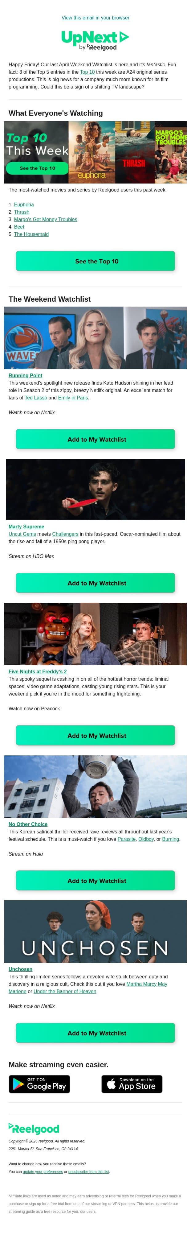 What are you watching this weekend?🍿 email from Reelgood screenshot