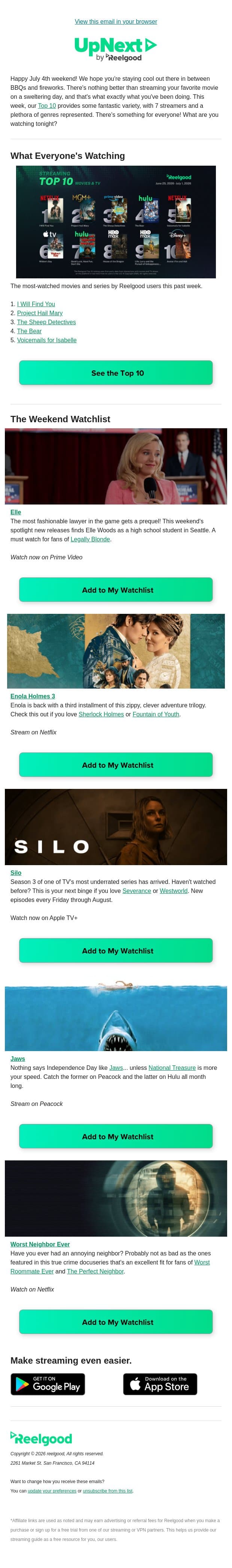 New month, new movies 🍿 email from Reelgood screenshot