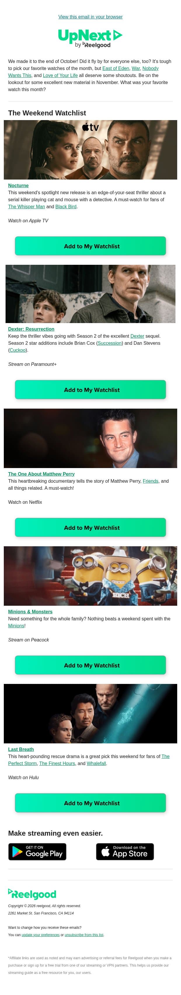 Last Weekend Watchlist of the Month! email from Reelgood screenshot