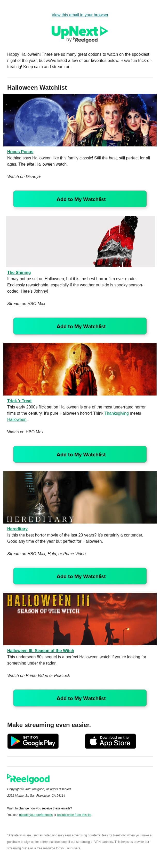 Halloween Watchlist 🎃 email from Reelgood screenshot