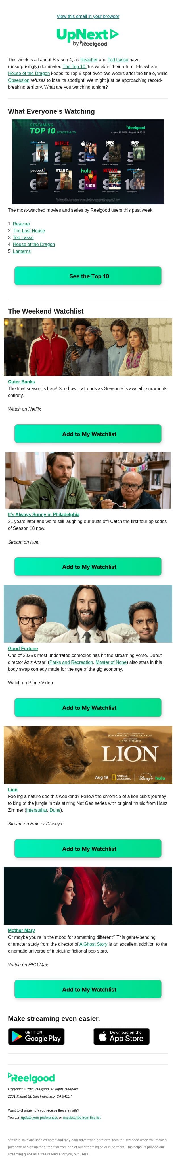 The weekend watchlist is here ✅ email from Reelgood screenshot