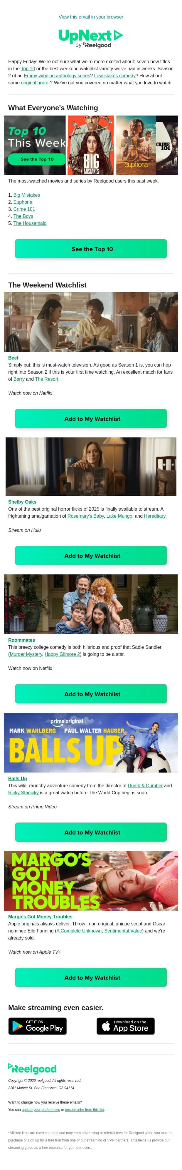 We've got your weekend watch covered ✅ email from Reelgood screenshot