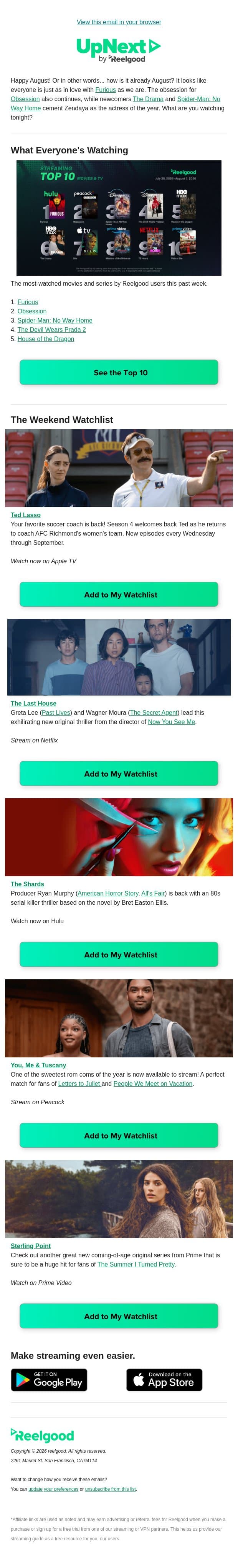 Late summer weekend watchlist ✅ email from Reelgood screenshot