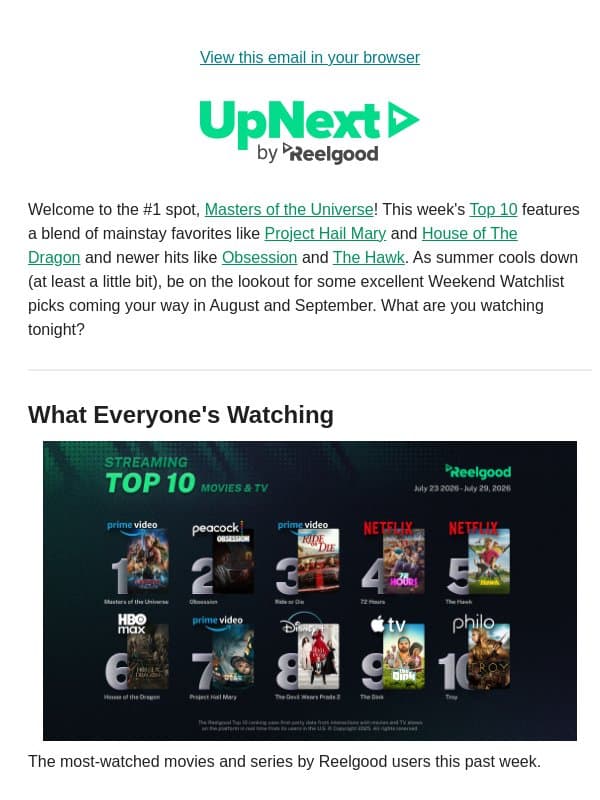 Something for everyone this weekend β
email from Reelgood