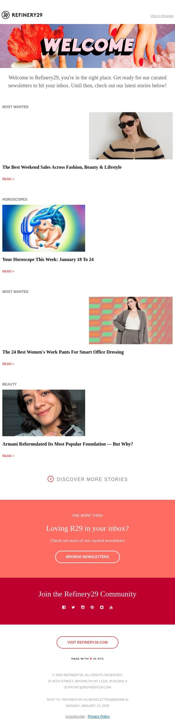 Welcome to Refinery29! email from Refinery29 screenshot