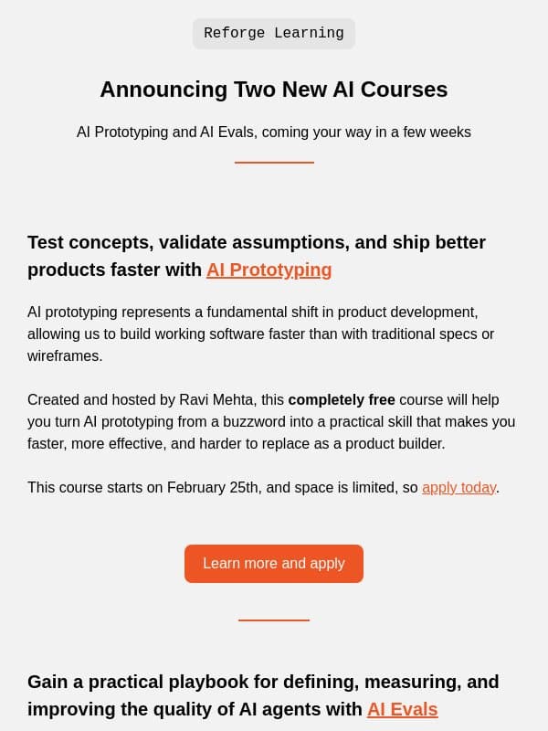 Announcing Two New Courses: AI Prototyping and AI Evals email from Reforge
