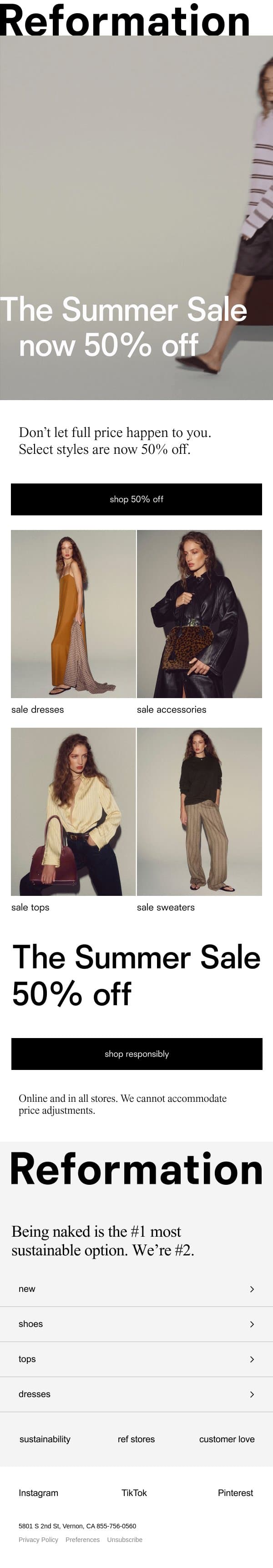 NOW 50% OFF email from Reformation screenshot