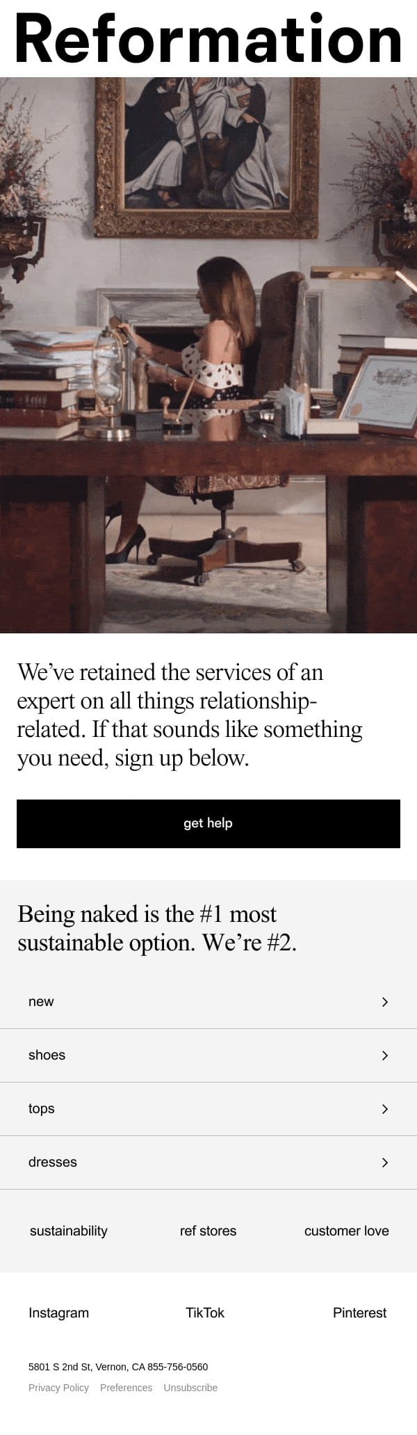 DON'T SETTLE email from Reformation screenshot