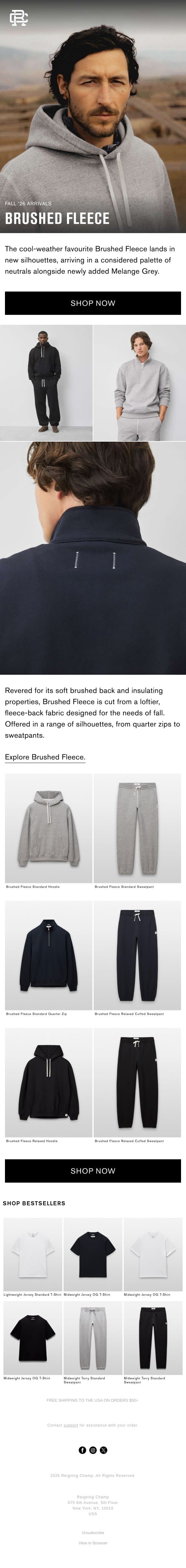 New In: Brushed Fleece email from Reigning Champ screenshot