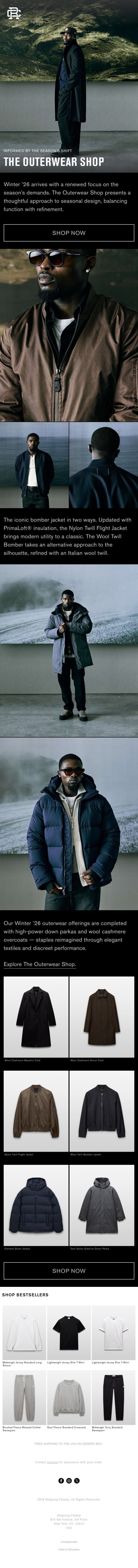 The Outerwear Shop email from Reigning Champ screenshot