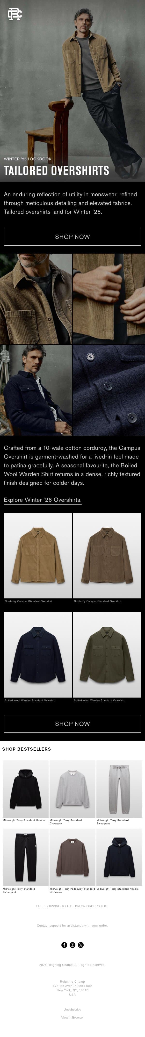 Winter ’26 Lookbook: Overshirts email from Reigning Champ screenshot