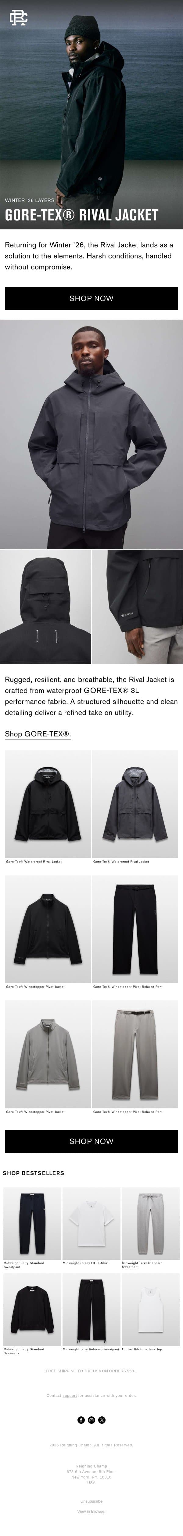 Back In: The GORE-TEX® Rival Jacket email from Reigning Champ screenshot