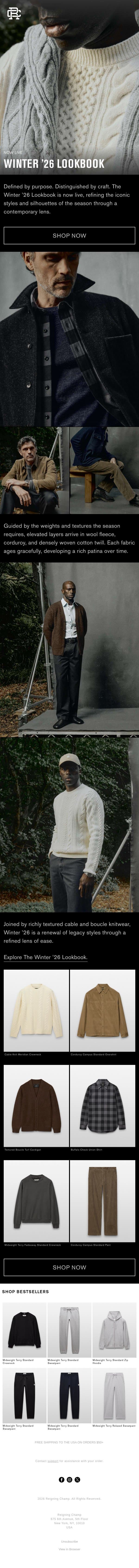 Now Live: Winter ’26 Lookbook email from Reigning Champ screenshot