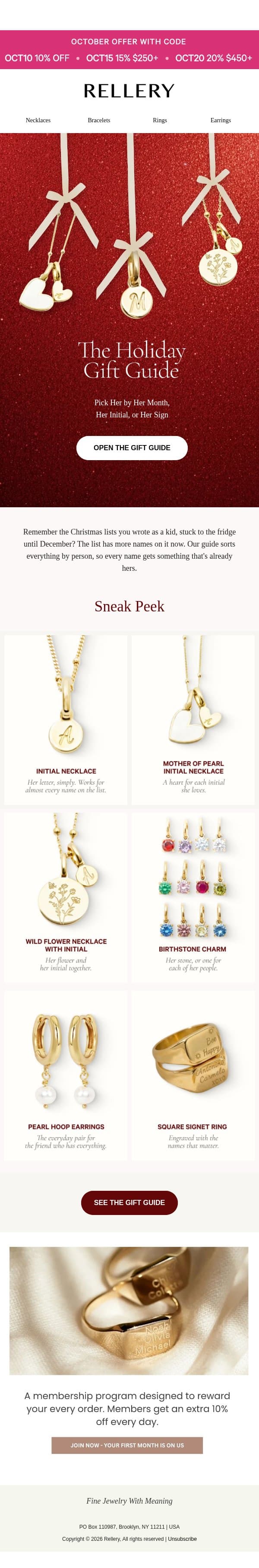 The free holiday gift guide: pick her by her month, her initial, her sign email from Rellery screenshot