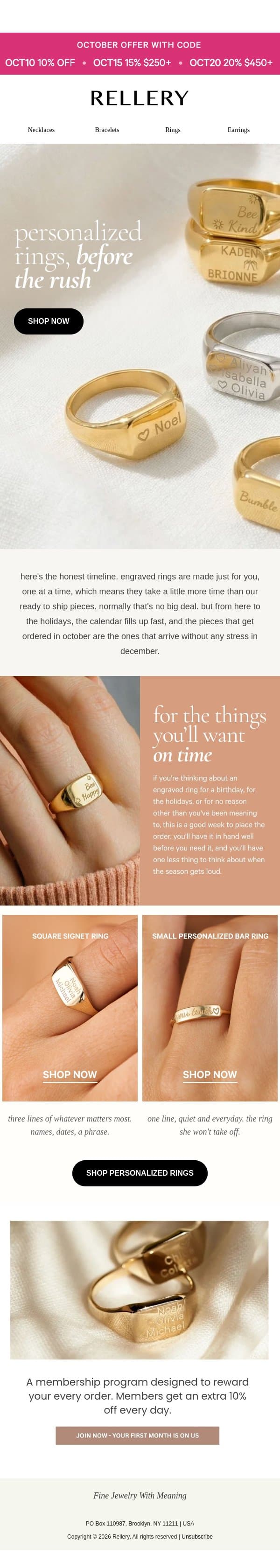 engraved rings take longer. here's the timeline. email from Rellery screenshot