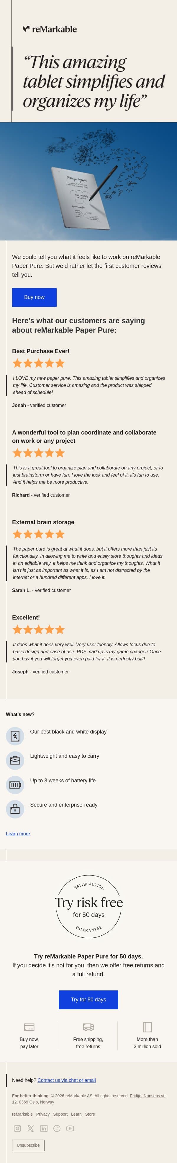 "This amazing tablet simplifies and organizes my life" email from reMarkable screenshot